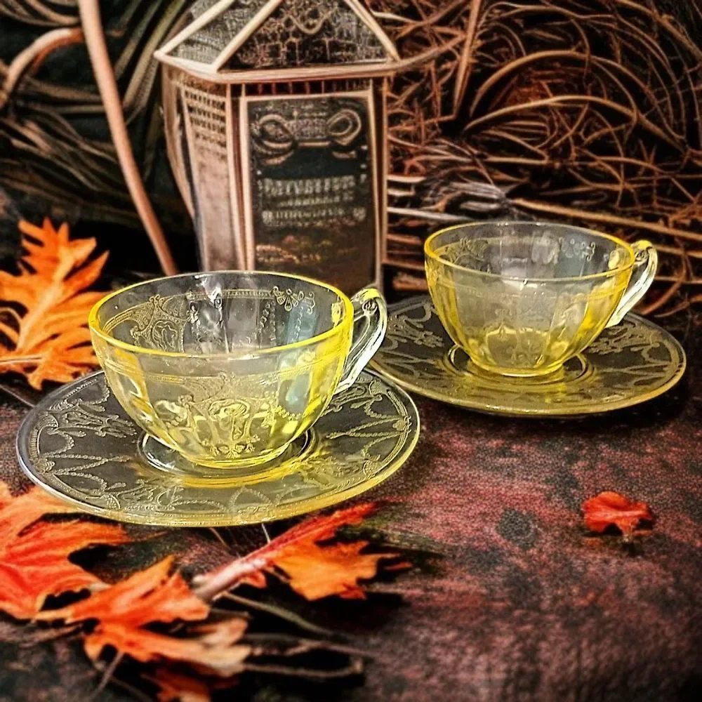 2 Cameo Ballerina Depression Glass‎ Cup Saucer Set Yellow Anchor Hocking Vintage